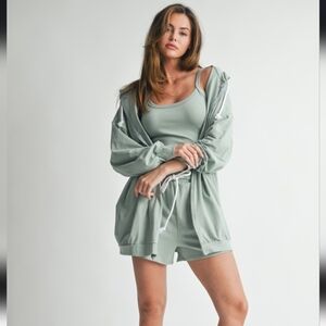 3 PCS Sage Green Lounge Tank, Hoodie & Shorts Set